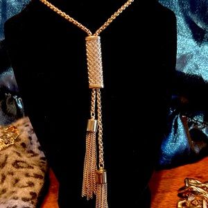 Vintage Long Rhinestone Encrusted Gold Tone Tassel Necklace